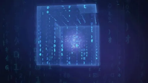 Abstract digital blue cube rotating with flowing binary code and data particles Stockbeeldmateriaal 341834090