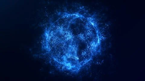 Abstract digital blue luminous core, atomic shell with particles rotating i.. Illustrazione stock