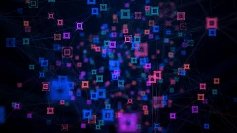 Abstract Digital Blue Purple Random Connected Lines And HUD Particles Wireframe Stock Illustration