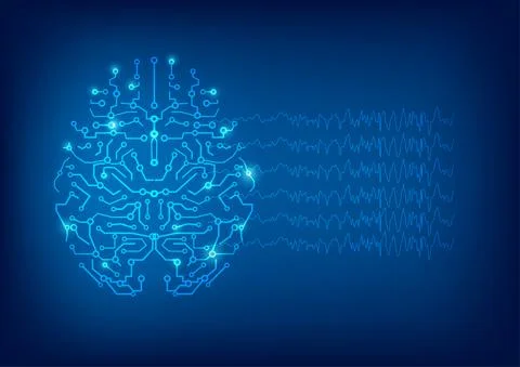 Abstract digital brain circuit and brain waves on blue background Stock Illustration