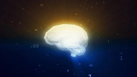 Abstract digital brain in a cloud of numerical data illustrating concepts of  Illustrazione stock