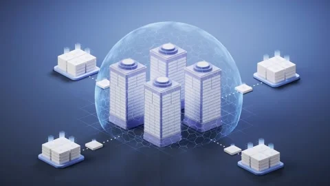 Abstract digital buildings connected in network with protective shield Stock Footage 327249607