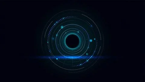 Abstract digital circle with glowing blue dots and light particles on a dar.. Stock Illustration