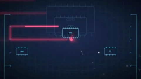 Abstract Digital Circuit Board Animation with Glowing Red Data Streams and CPU Stock Footage 343157217