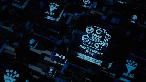 Abstract Digital Circuit Board with Data Governance Policy and Security Ico.. Stock Photos