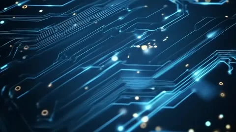 Abstract digital circuit board glowing blue lines and dots pattern Stock Footage 319439033