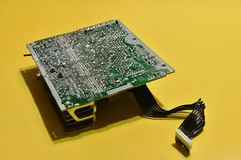 Abstract digital circuit board with glowing nodes and connections. Stock Photos