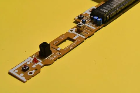 Abstract digital circuit board with glowing nodes and connections. Stock Photos