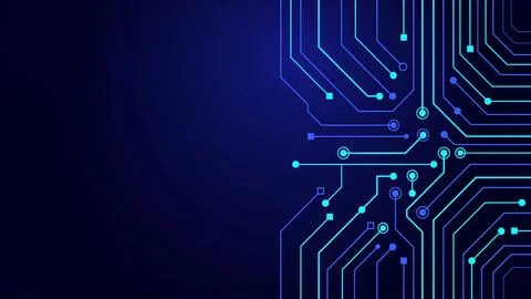 Abstract digital circuit board pattern with glowing blue lines and dots on .. Stock Illustration