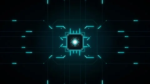 Abstract digital circuit with glowing cyan lines and a central processor on.. 動画素材 335826438