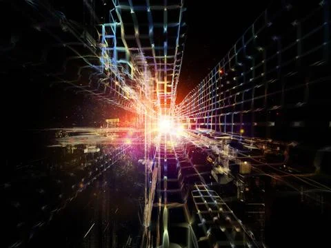 Abstract Digital City Grid with Glowing Futuristic Light Burst イラスト素材