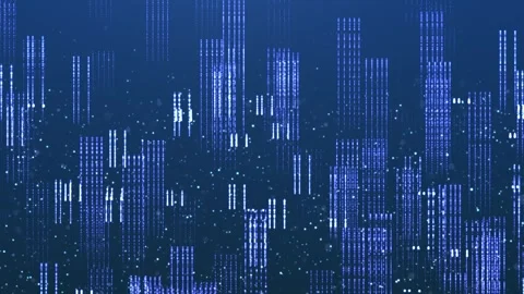 Abstract digital city skyline with blue glowing data particles Stock Footage 328448932
