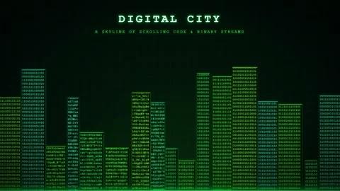 Abstract Digital City Skyline Created from Scrolling Green Binary Code on Black Stock-Footage 345765969
