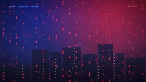 Abstract Digital Cityscape with Falling Data Particles and Glowing Red and Blue Stock Footage 343868275