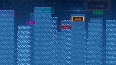 Abstract Digital Cityscape with Glowing Data Blocks and Floating Holographic Stock Footage 336775847