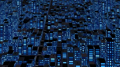 Abstract digital cityscape rotating and glowing, vibrant blue lights, urban Stock Footage 338159738