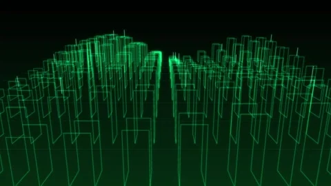 Abstract Digital Cityscape Wireframe Render Featuring Glowing Green Structu.. Stock Footage 346068188