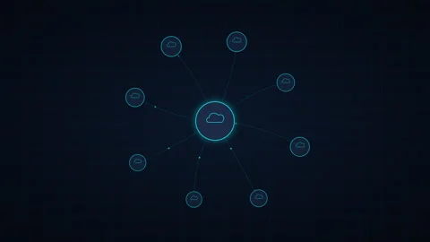 Abstract digital cloud network with glowing blue data nodes orbiting a central Stock Footage 348330050