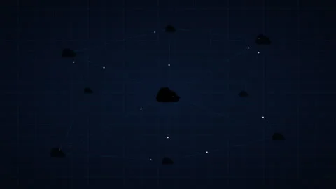 Abstract digital cloud network with glowing cyan nodes and data packets moving Stock Footage 348331142