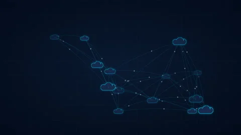 Abstract digital cloud nodes and data pulses moving in blue cyberspace network Stock Footage 348334835