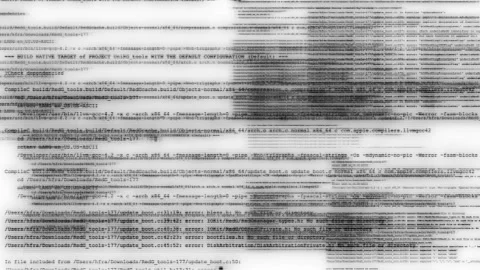 Abstract Digital Code Glitching on Computer Screen Terminal with White Backdrop Stock Footage 211881335