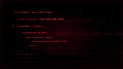 Abstract Digital Code Scrolling on Black Background with Red Glowing Data and Stock Footage 336779991