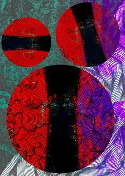 Abstract digital collage artwork featuring three overlapping red, black, and pur Stock Illustration
