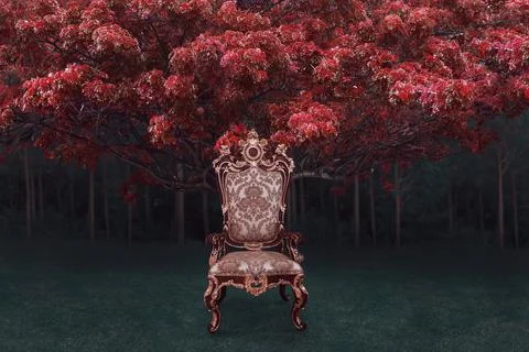 Abstract digital composite of ornate throne with mystical fairy forest with d Stock Photos