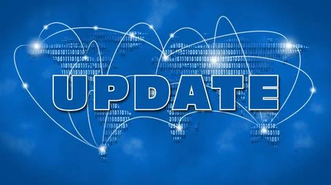 Abstract digital computer background - UPDATE lettering front of world map Illustrazione stock