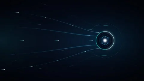 Abstract digital core with glowing particle trails and hexagonal hud interf.. Stock Footage 337558014