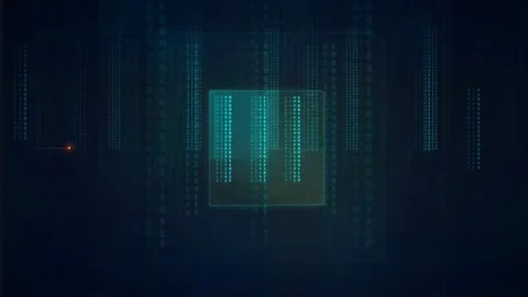 Abstract Digital CPU Processor with Glowing Binary Code and Data Stream on Dark Stock Footage 339319360