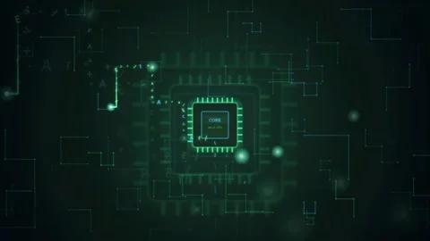 Abstract Digital CPU Processor with Glowing Data Circuits and Floating Stock Footage 341819292