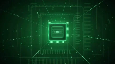 Abstract Digital CPU Processor with Glowing Green Circuit Board and Binary Data Stock Footage 343153630