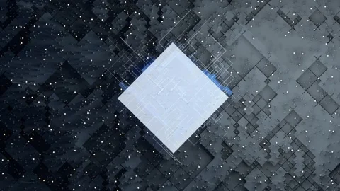 Abstract digital cube with circuitry on a dark geometric background with gl.. Stock Footage 332315687