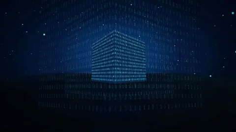 Abstract digital cube formed by binary code floating in a dark blue cyberspace Stock-Footage 343162365