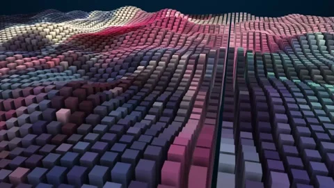 Abstract Digital Cube Landscape With Waves, Cinematic Neon Lighting And Pastel Stock Footage 333223615