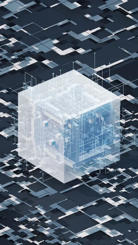 Abstract digital cube rotates in cyberspace with glowing lines and futurist.. Stock Footage 332315689