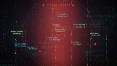 Abstract Digital Cyber Security Background with Red Glowing Circles and Stock Footage 343158740