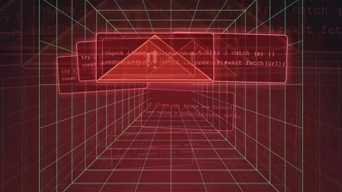 Abstract Digital Cyber Space with Glowing Red Geometric Shapes and Scrolling Stock Footage 341834506