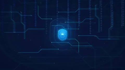 Abstract Digital Cybersecurity Background with Glowing Shield Icon and Animated Stock Footage 336773212
