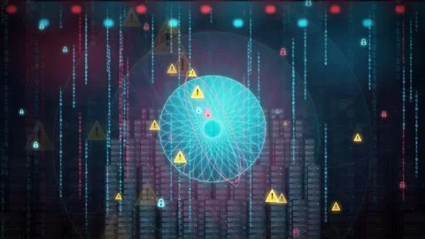 Abstract digital cybersecurity background with glowing blue data sphere and Stock Footage 343160626