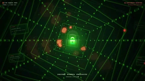 Abstract Digital Cybersecurity Background with Green Glowing Lock and Data Stock Footage 343170311