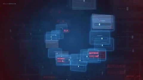 Abstract Digital Cybersecurity Interface with Floating Data Windows and Access Stock Footage 343167700