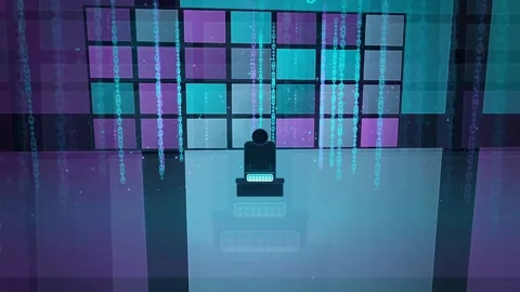 Abstract digital cyberspace with binary code rain and futuristic data blocks in Stock Footage 341834401