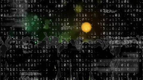 Abstract digital data being visualized across map, with cascading binary digits, Stock Footage 307651640