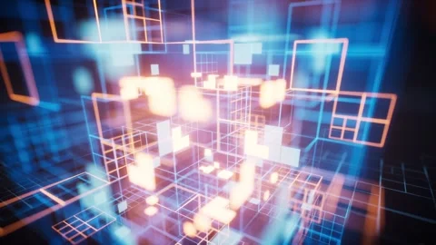 Abstract digital data block structure with glowing neon geometric cubes and.. Stock Footage 332337062