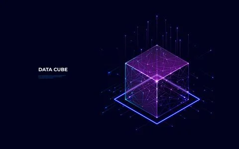 Abstract digital data cube in technology futuristic wireframe style. Stock Illustration