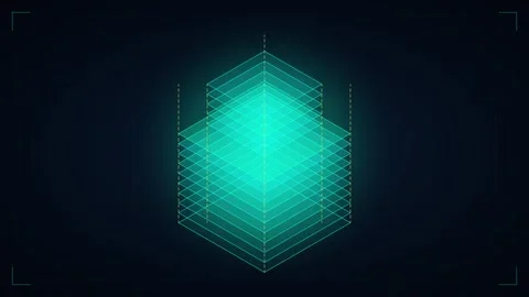 Abstract digital data cube visualization with glowing neon layers and hud i.. Stock Footage 348332139