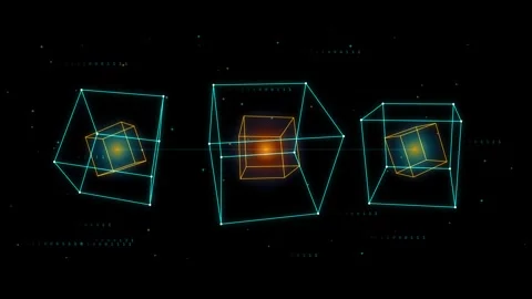 Abstract digital data cubes rotating in dark space background with floating.. 動画素材 345127612