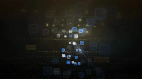 Abstract digital data flow with glowing blue squares and connecting lines on Stock Footage 339317955